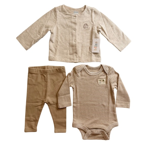 Bliss by Garanimals Other - Bliss by Garanimals 3PK LS Outfit Set Sesame Beige Hedgehog 6-9M NEW